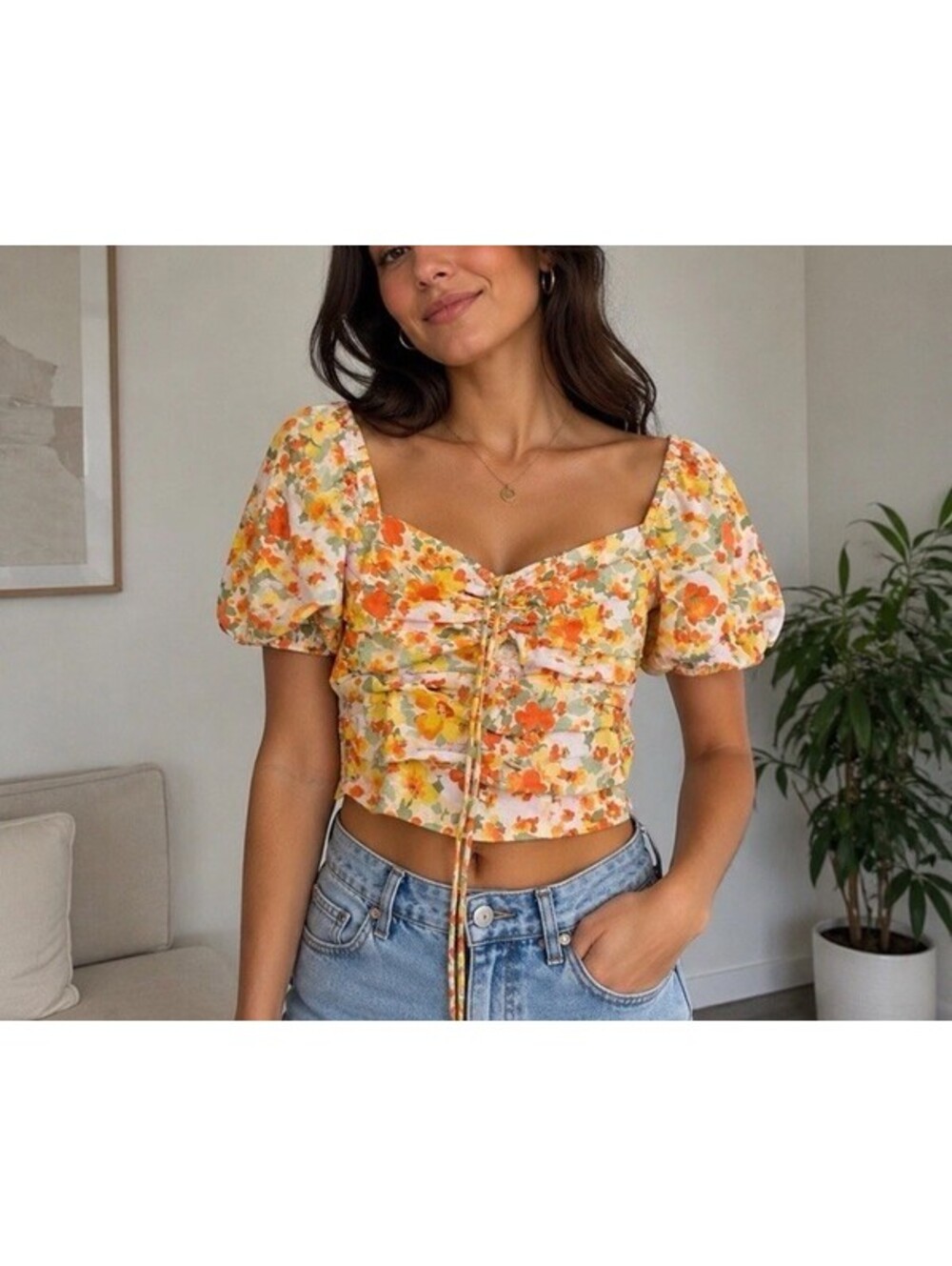 ASTR The Label Floral Smocked Crop Top Puff Sleeve Cottagecore Women Large